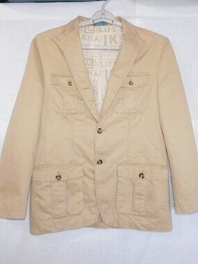 Haggar Mens 40R M Life Khaki Tan Two Button Oxford Safari Jacket Blazer